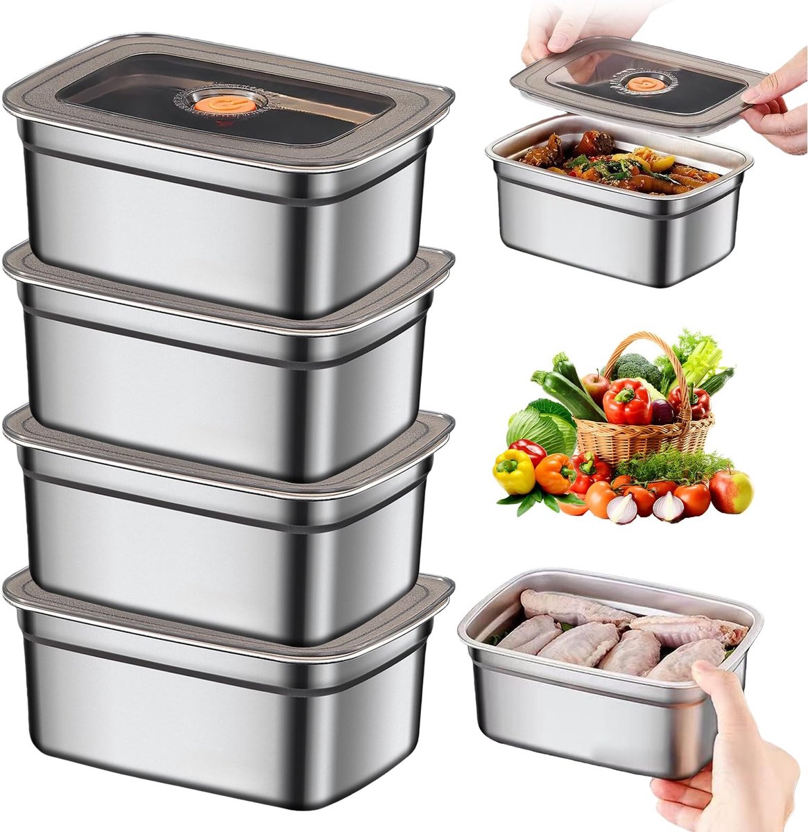 Dailygoods - Dailygoody - Set van 4 RVS Voedselopslagcontainers 1000 ml met Deksel - Duurzaam en Ruimtebesparend