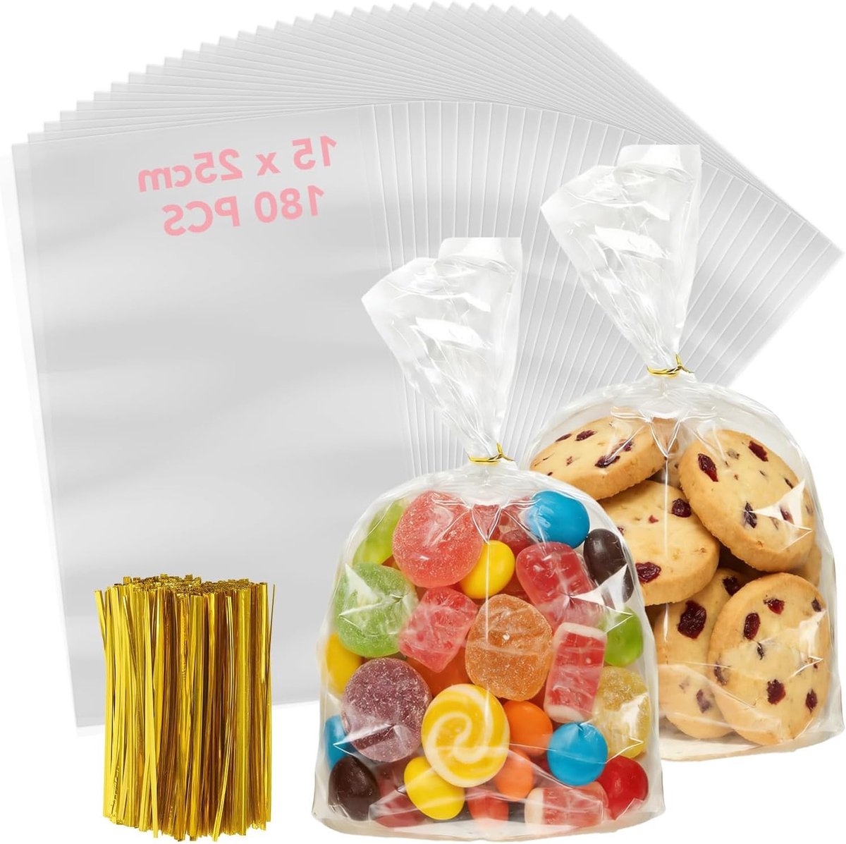 Klein doorzichtig cellofaanzakjes 15 x 25 cm, 180 stuks, perfect voor snoep, koekjes en cadeauverpakkingen