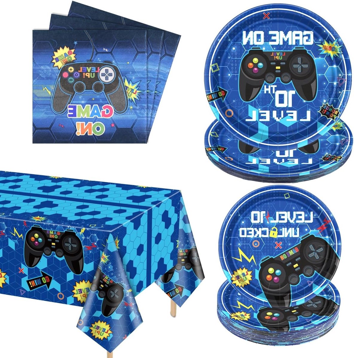 Complete Set van 61 Stuks Feestartikelen voor Video Game Thema, Verjaardagsdecoratie met Papieren Borden, Servetten en Tafelkleed voor Jongens 10 Jaar en Gaming Feestjes