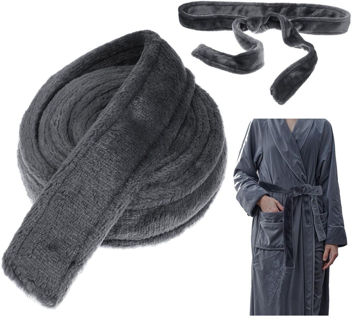 Dailygoods - Dailygoody Riem voor Badjas - Pluche Flanellen Vervanging Badjasriem - Zachte Pyjama Tailleriem - Donkergrijs - Hotelbadjasriem - Uniseks Volw...