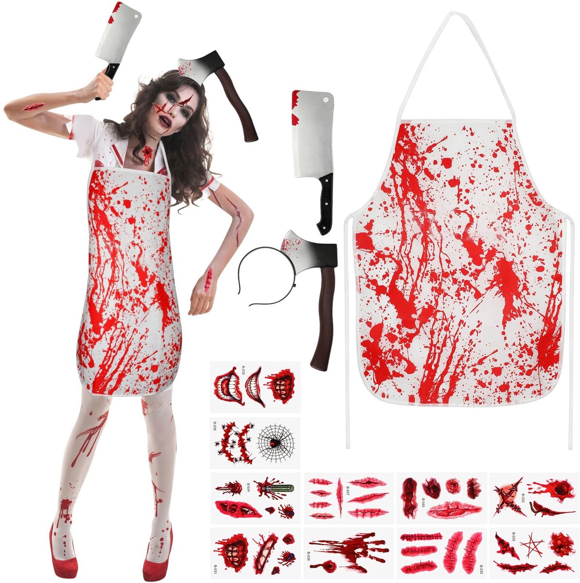 Dailygoods - Dailygoody - Slagerkostuum - Halloweenkostuum voor dames en heren - Griezelig en uniek - Bloedige schort en accessoires - Perfect voor feesten - Gesch...