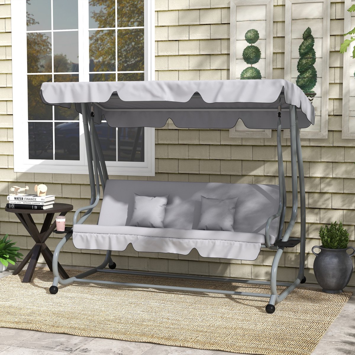 Pugsdrly 2-in-1 Hollywoodschommel met ligfunctie, verstelbaar dak, tot 340 kg, staal, 200 x 120 x 164 cm, grijs