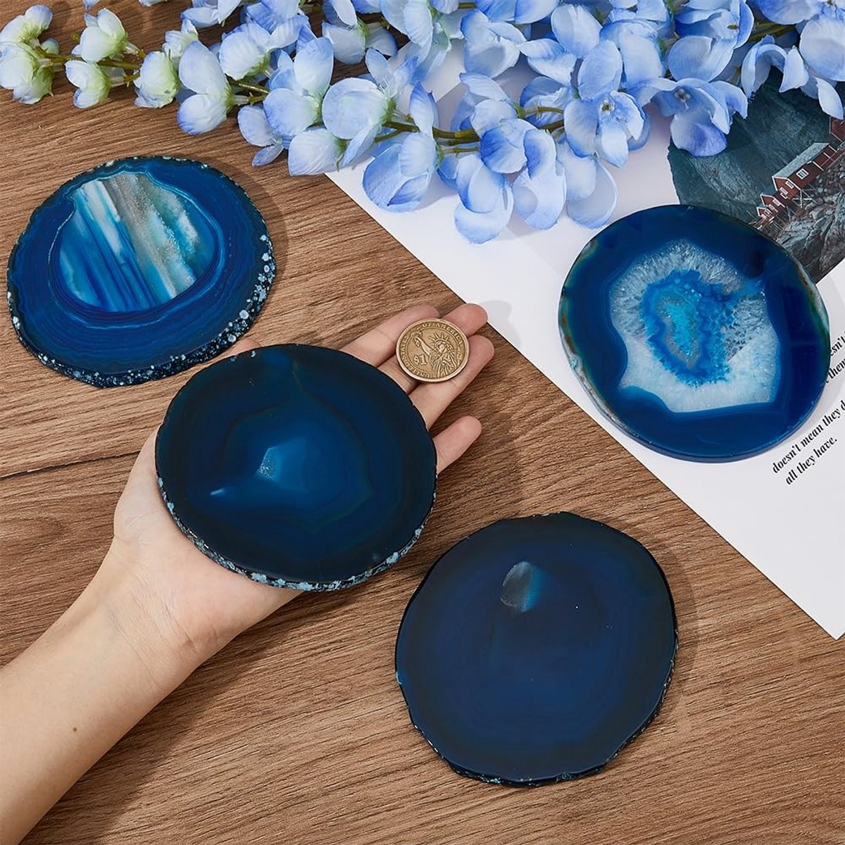 Dailygoods - Dailygoody - Natuurlijke Agaat Onderzetters - 4 Stuks Onderzetters - Tafelbescherming - Pruisisch Blauw - Drinkware Onderzetters - Home Decor - Geschi...