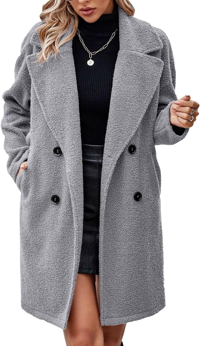 Elegante Dubbellaagse Overjas voor Dames, Lange Winterjas met Knoop en Omgeslagen Kraag voor Werk en Vrije Tijd