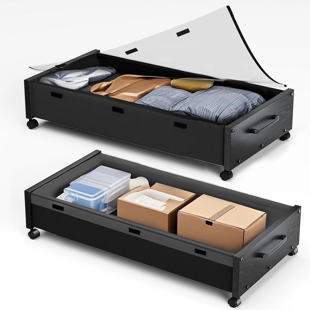Ruimtebesparende Onderbed Opbergdozen met Wielen - 2 Stuks - Grote Houten Opbergcontainers voor Schoenen en Kleding - Rollende Onderbed Lade met Dekkende Deksel