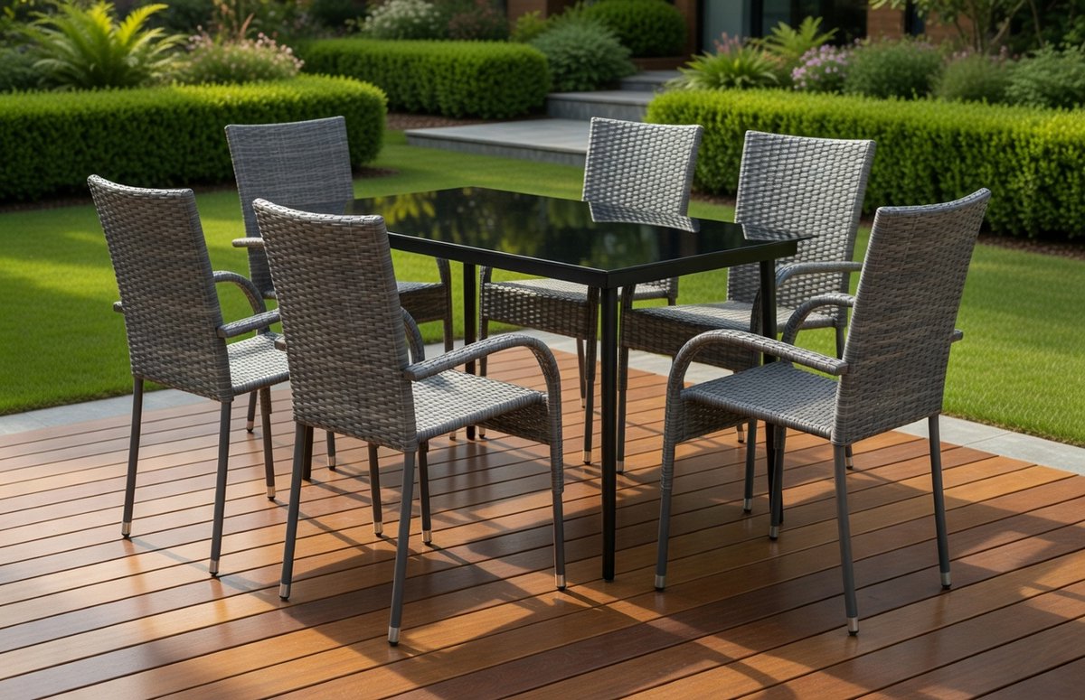 Luxe 5-Delige Rattan Tuinset voor 4 Personen – Moderne Eettafel met Glasplaat & Comfortabele Stoelen – MedaHomeStore