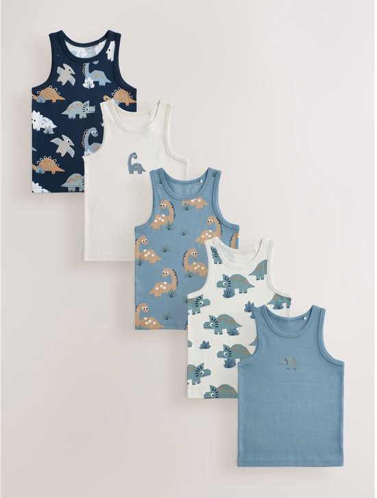 Set van vijf jongens tanktops, waaronder prints met dinosaurussen en een effen blauwe.