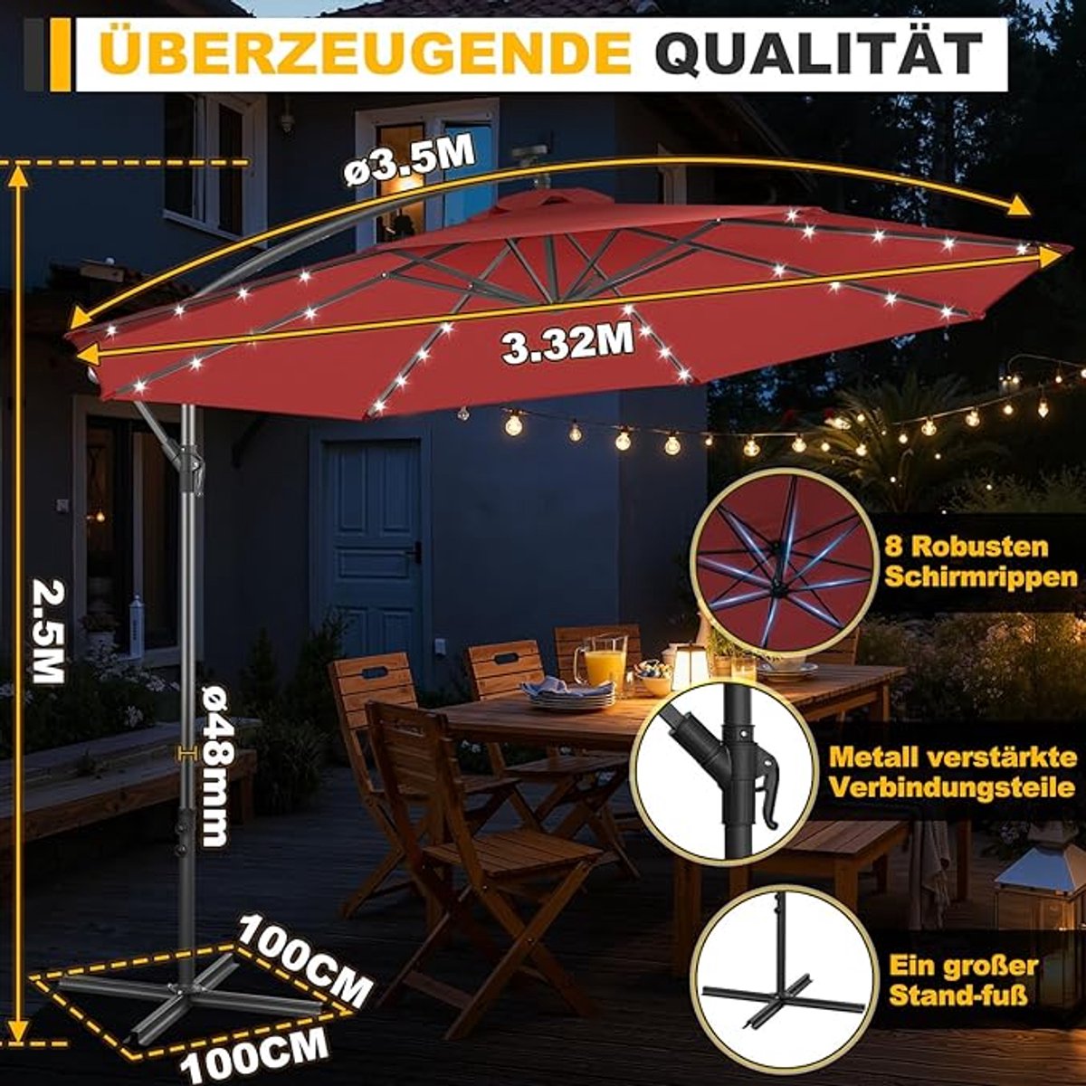 Tuinparasol Bellavero 300 cm Rond – LED Zonne-energie Parasol met 32 LED-lampjes, UV-bescherming UPF 50+, Kantelbaar 30° Links/Rechts, Waterafstotend, Ideaal voor Balkon, Terras, Tuin en Zwembad – ...