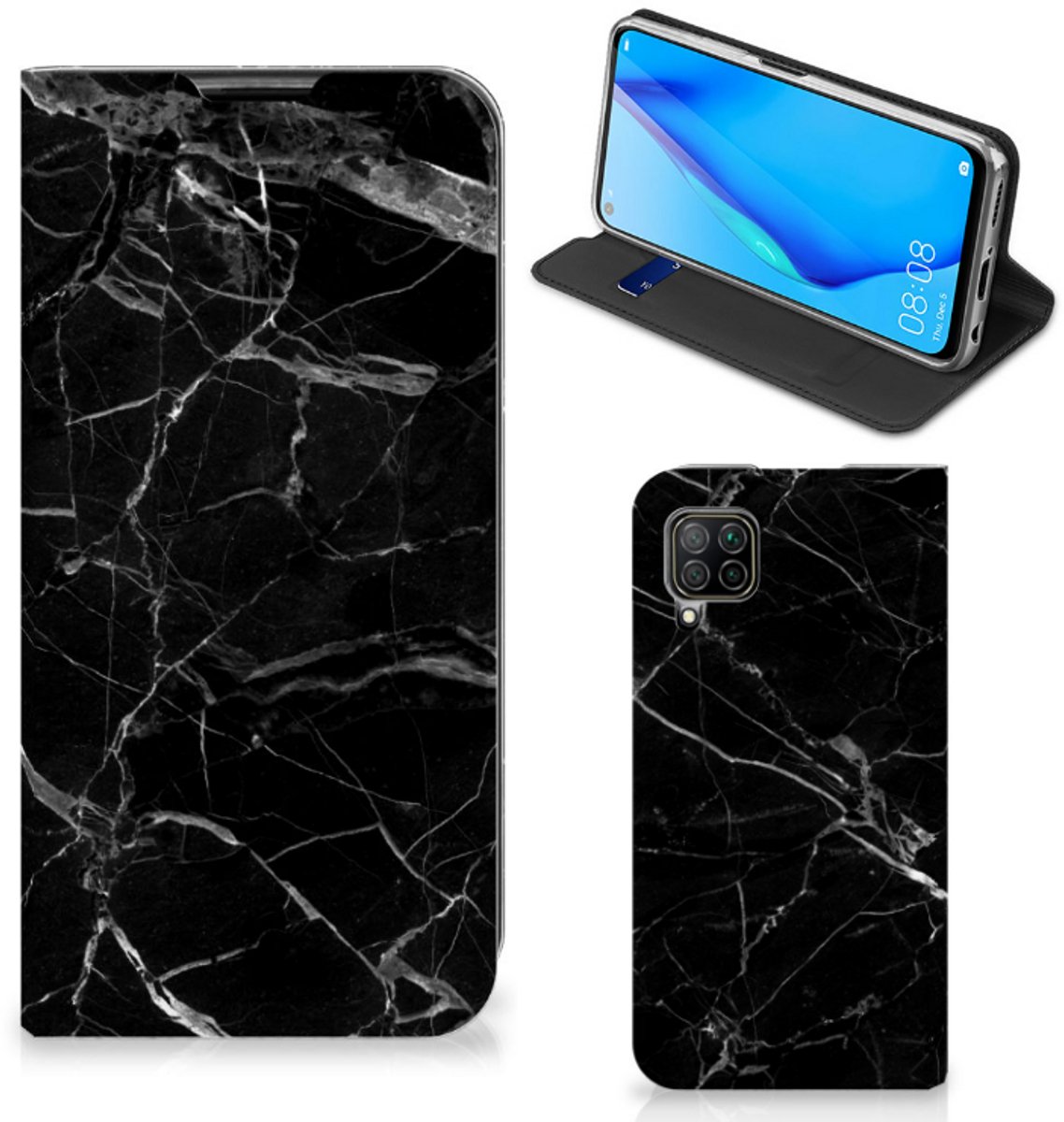 Huawei P40 Lite Standcase Marmer Zwart - Origineel Cadeau Vader