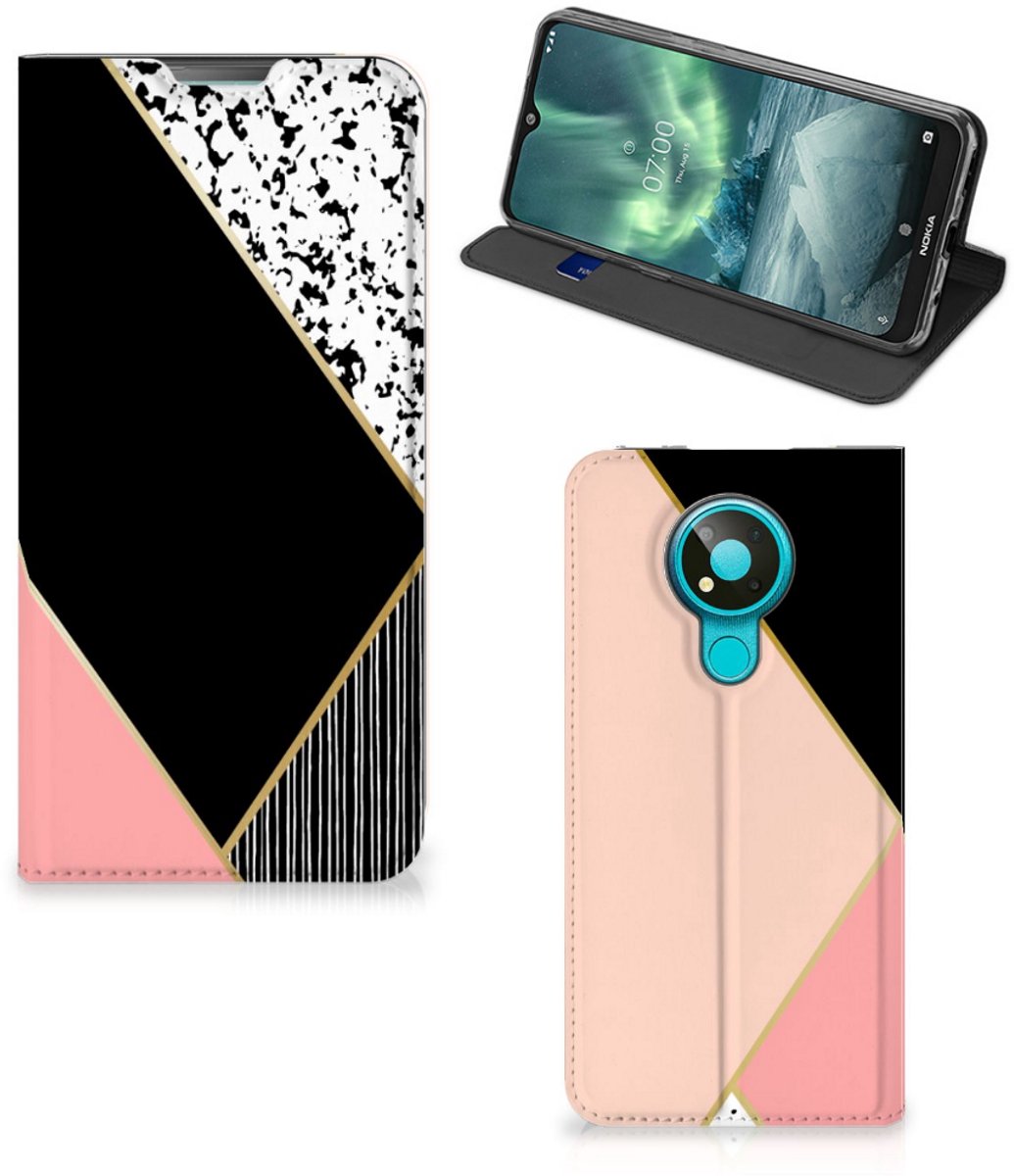 Nokia 3.4 Stand Case Zwart Roze Vormen