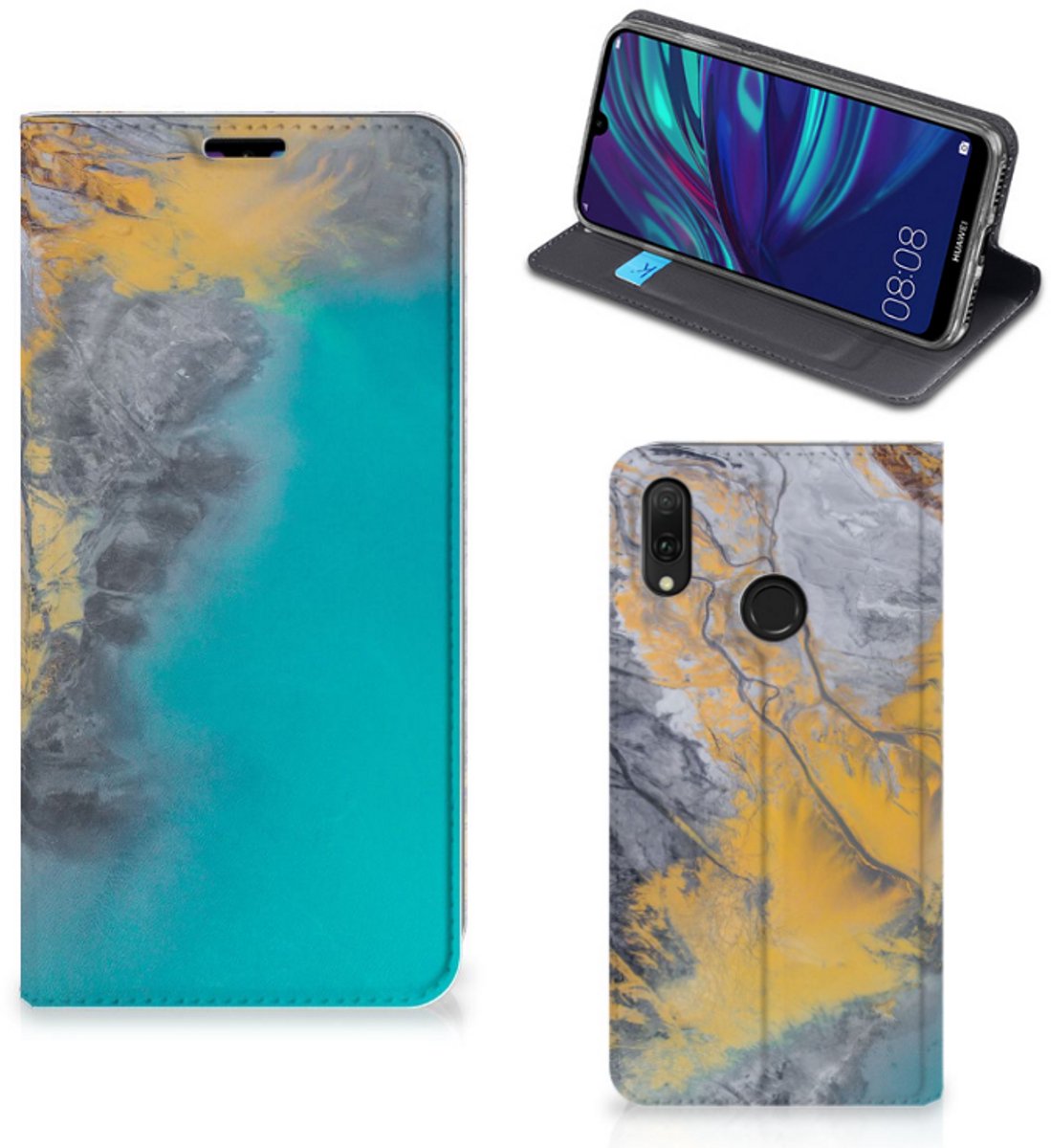 Huawei Y7 hoesje Y7 Pro (2019) Standcase Marble Blue Gold
