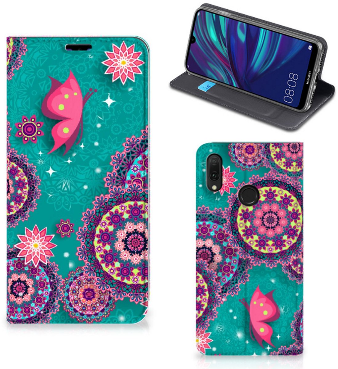 Huawei Y7 hoesje Y7 Pro (2019) Bookcase Cirkels en Vlinders