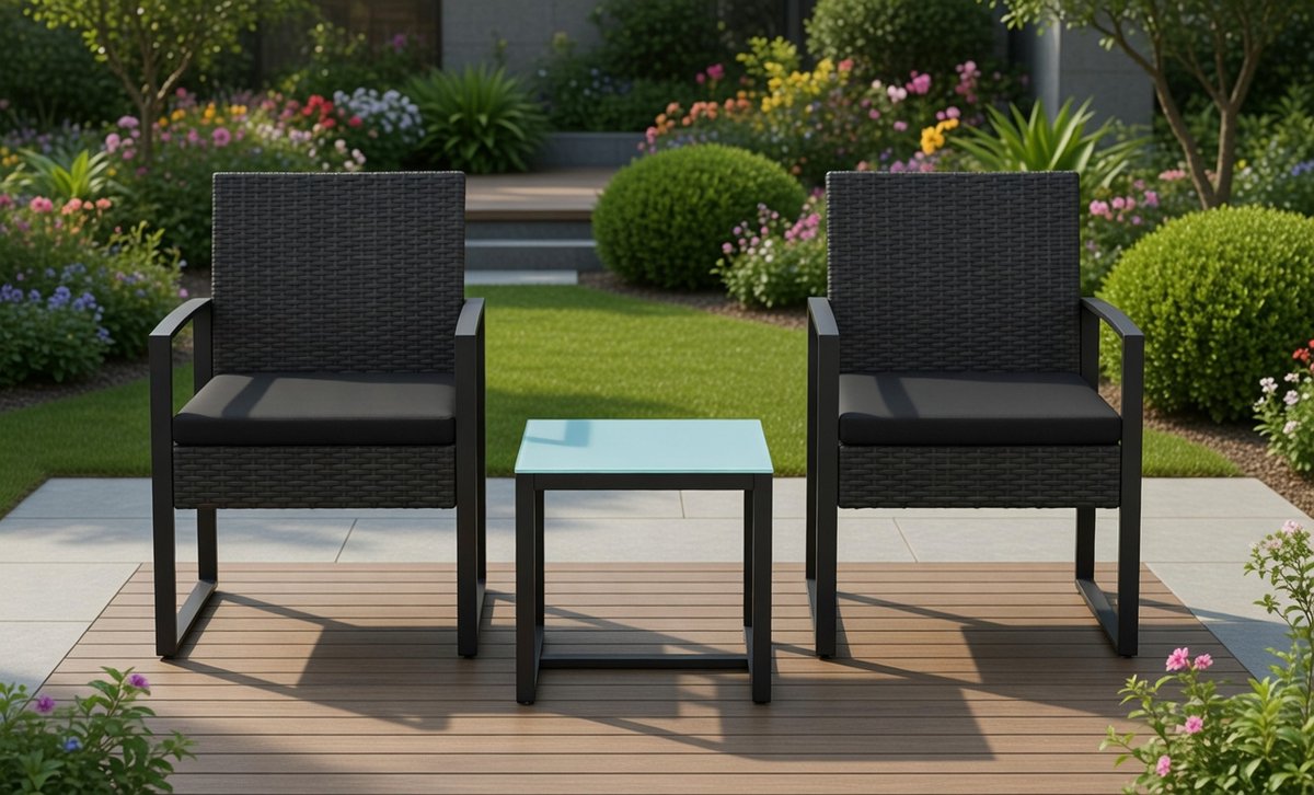 Luxe Balkon & Tuin Loungeset – 2 Stoelen + Tafel – Modern PE Polyrattan Terrasmeubilair – Zwart – Compacte Rechthoekige Balkonset – Weerbestendig en Comfortabel MedahoMeStore