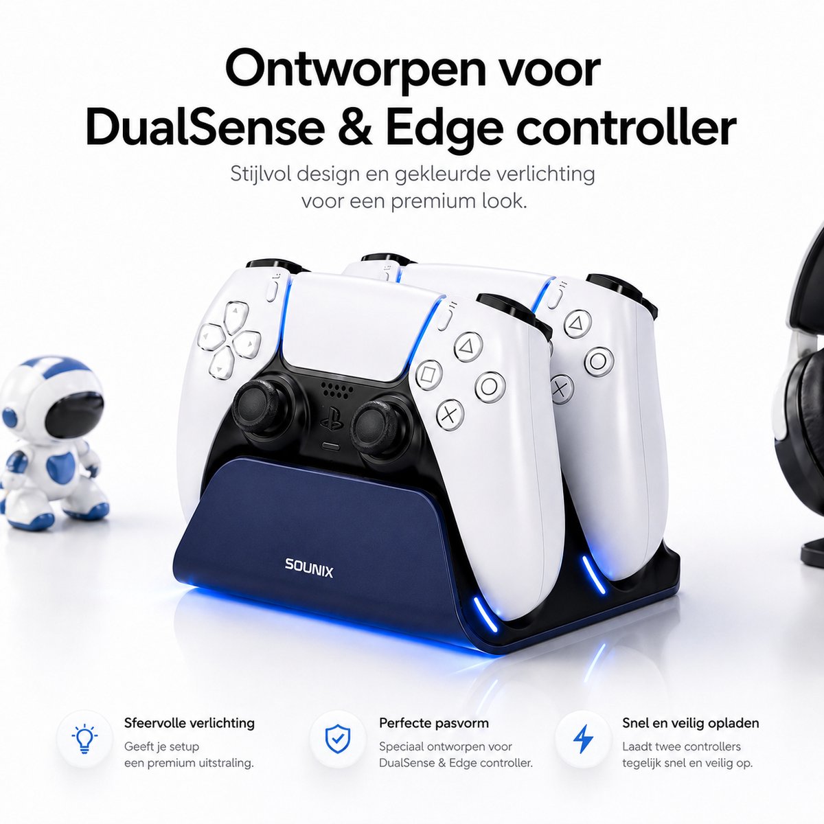 Sounix Oplaadstation geschikt voor PS5 / PS5 Slim / PS5 PRO / DualSense Controller - PS5 accessoires - Dual Oplader - Charging Dock - Blauw – foto 3