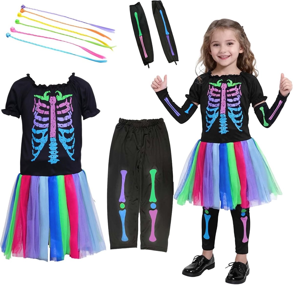 Spookachtig Skeletenkostuum voor Meisjes met Haaraccessoires voor Halloween en Carnavalsfeesten, Perfect voor Kinderen (Stijl A, M)