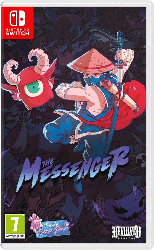 De cover van de Nintendo Switch game 'The Messenger' toont een ninja met een zwaard en een rood monster met één oog.