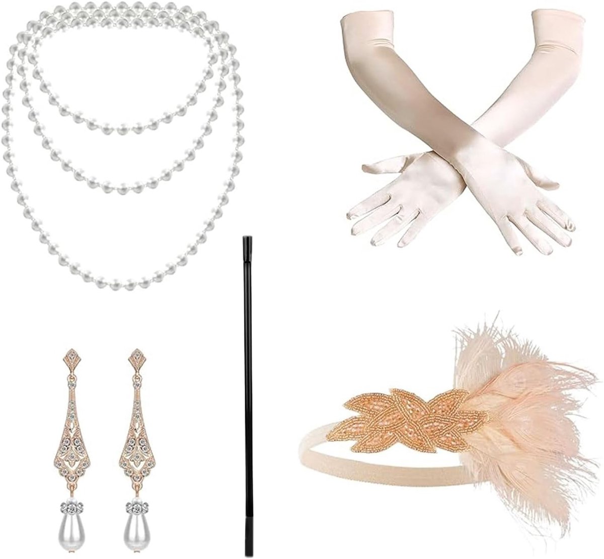 Vijfdelige set met accessoires uit de jaren 1920 voor vrouwen, inclusief hoofdtooi, ketting, handschoenen en oorbellen voor kostuums en Halloween.