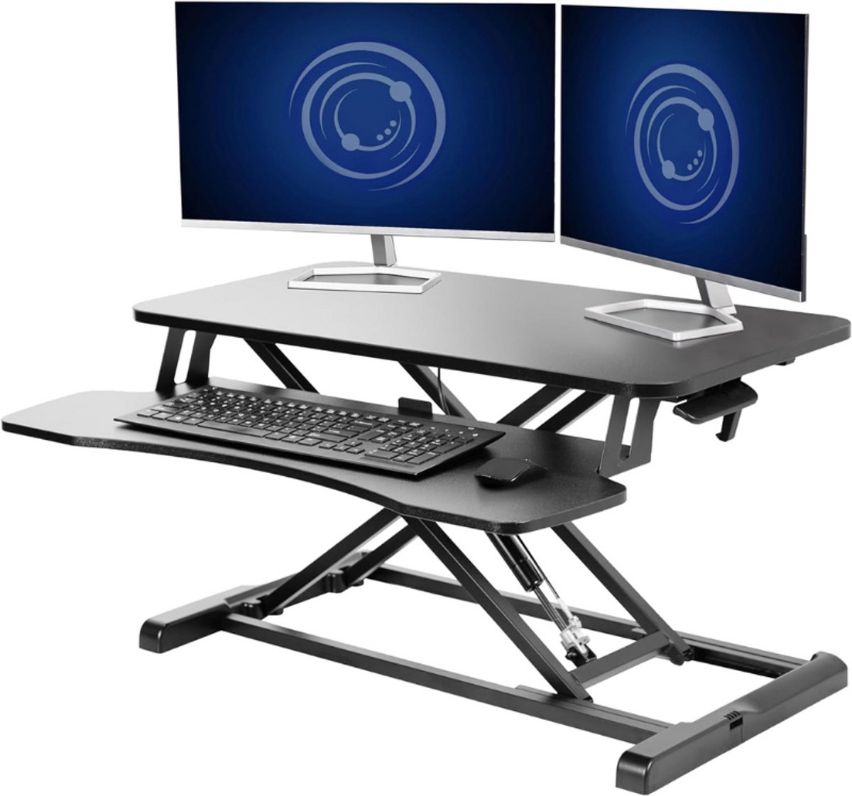 32 Inch Staande Bureau Converter In Hoogte Verstelbare Zit Sta Riser Werkstation Voor Dubbele Monitor En Laptop Met Breed Toetsenbordblad Metalen Design Zwart