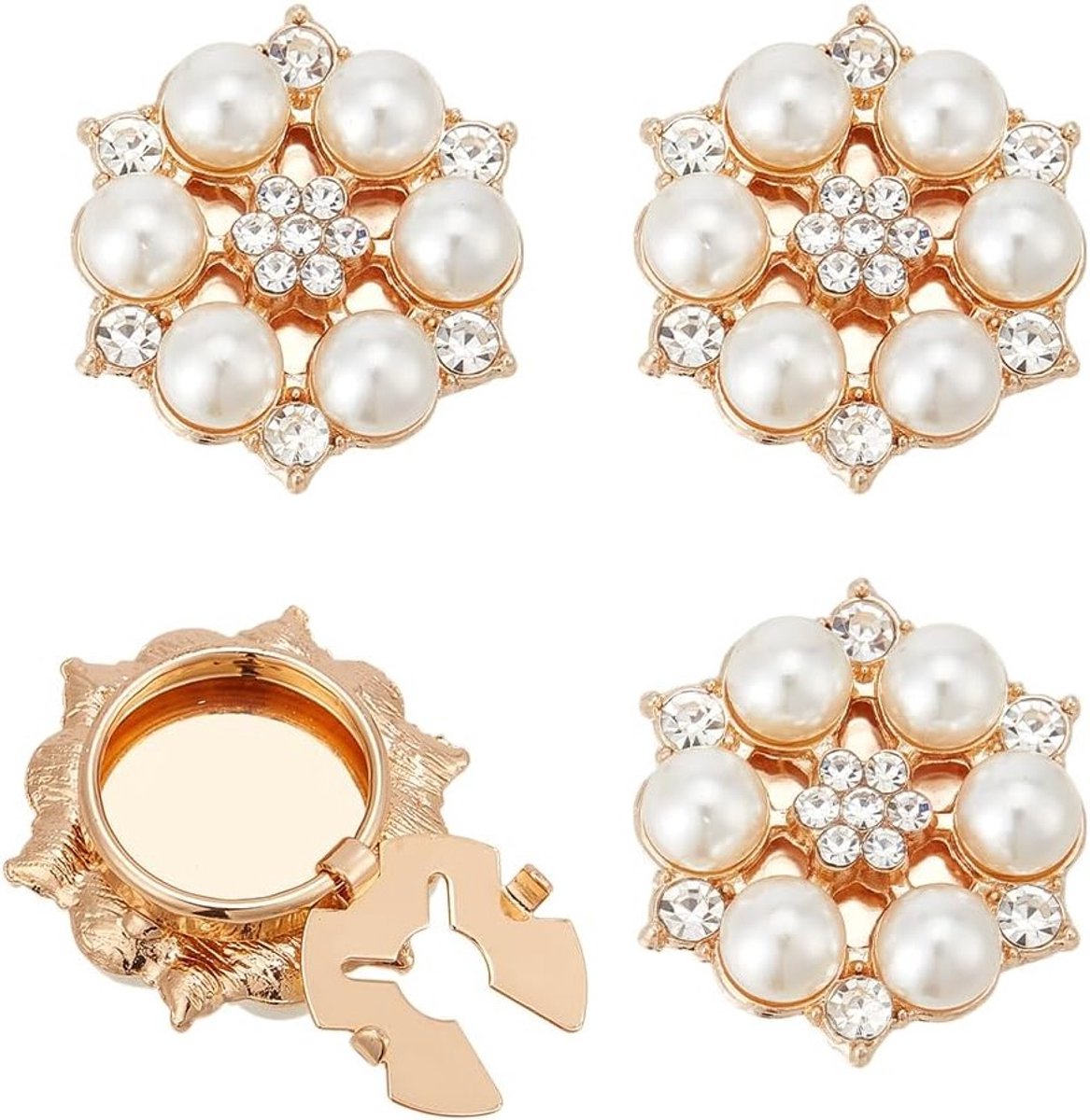 4 Stuks Rhinestone Knopen Bedekking voor Dames - Parels, Bloemen en Afneembare Knopclips voor Jurk en Tuxedo Accessoires in Lichtgoud