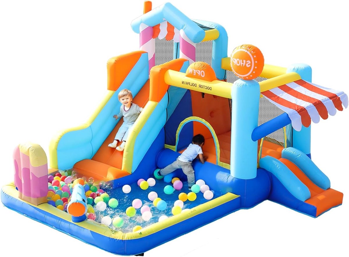 Groot opblaasbaar springkasteel met waterglijbaan en trampoline voor kinderen, perfect voor buiten- en binnengebruik, inclusief kinderbadje en waterpistolen, 395 x 340 x 236 cm, vanaf 3 jaar