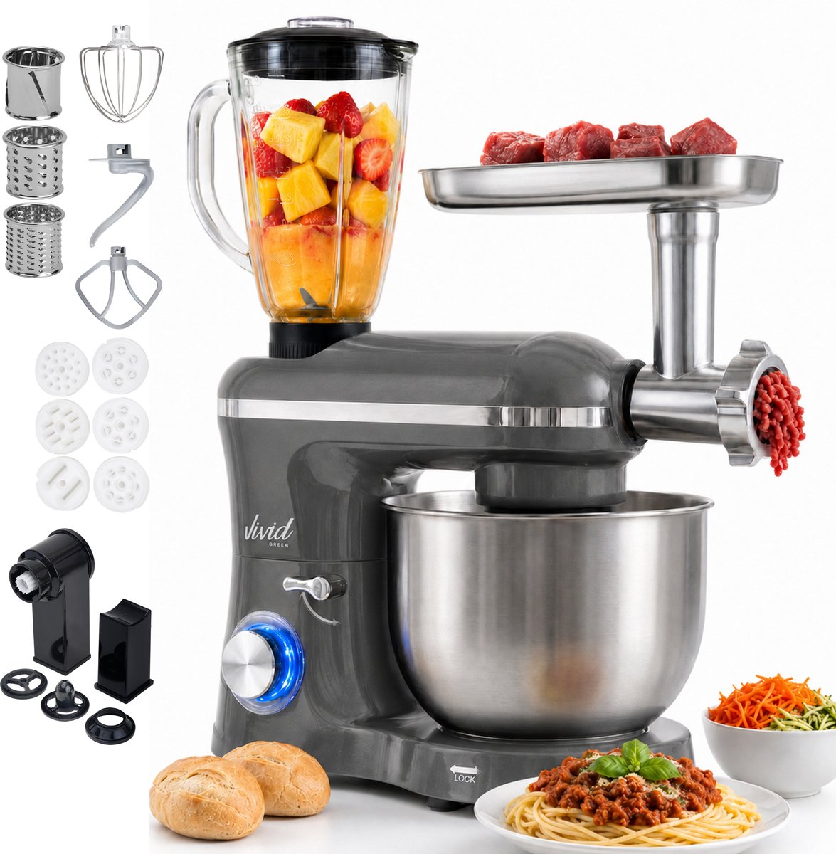 Keukenmachine multifunctioneel 2000W – Keukenrobot – Foodprocessor – Keukenmixer met RVS Mengkom – Incl. 15 Accessoires – Incl. Gehaktmolen en Blender 6.2L – Grijs – Vivid Green