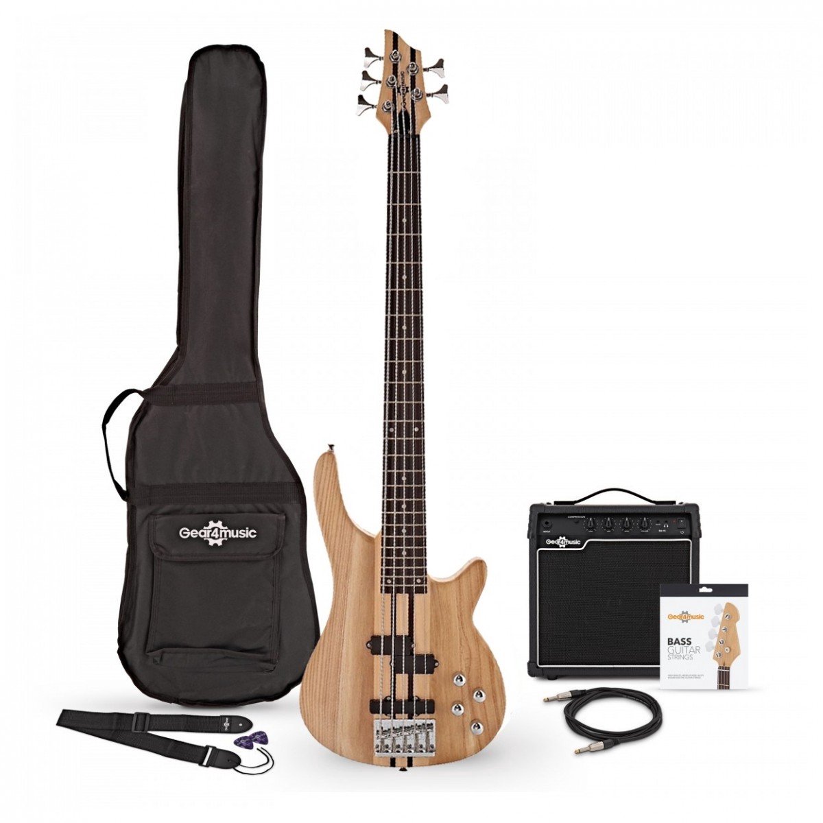 Chicago 5-snarige Neck Thru Basgitaar + 15 W Versterkerpakket, Natural
