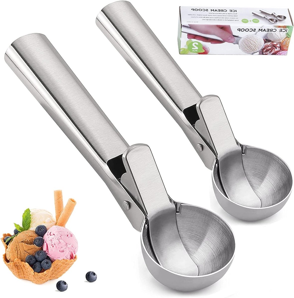Roestvrijstalen IJslepel Set van 2 - Grote en Kleine IJslepel voor IJs, Melon en Koekdeeg, Vaatwasserbestendig en Ergonomisch Ontwerp