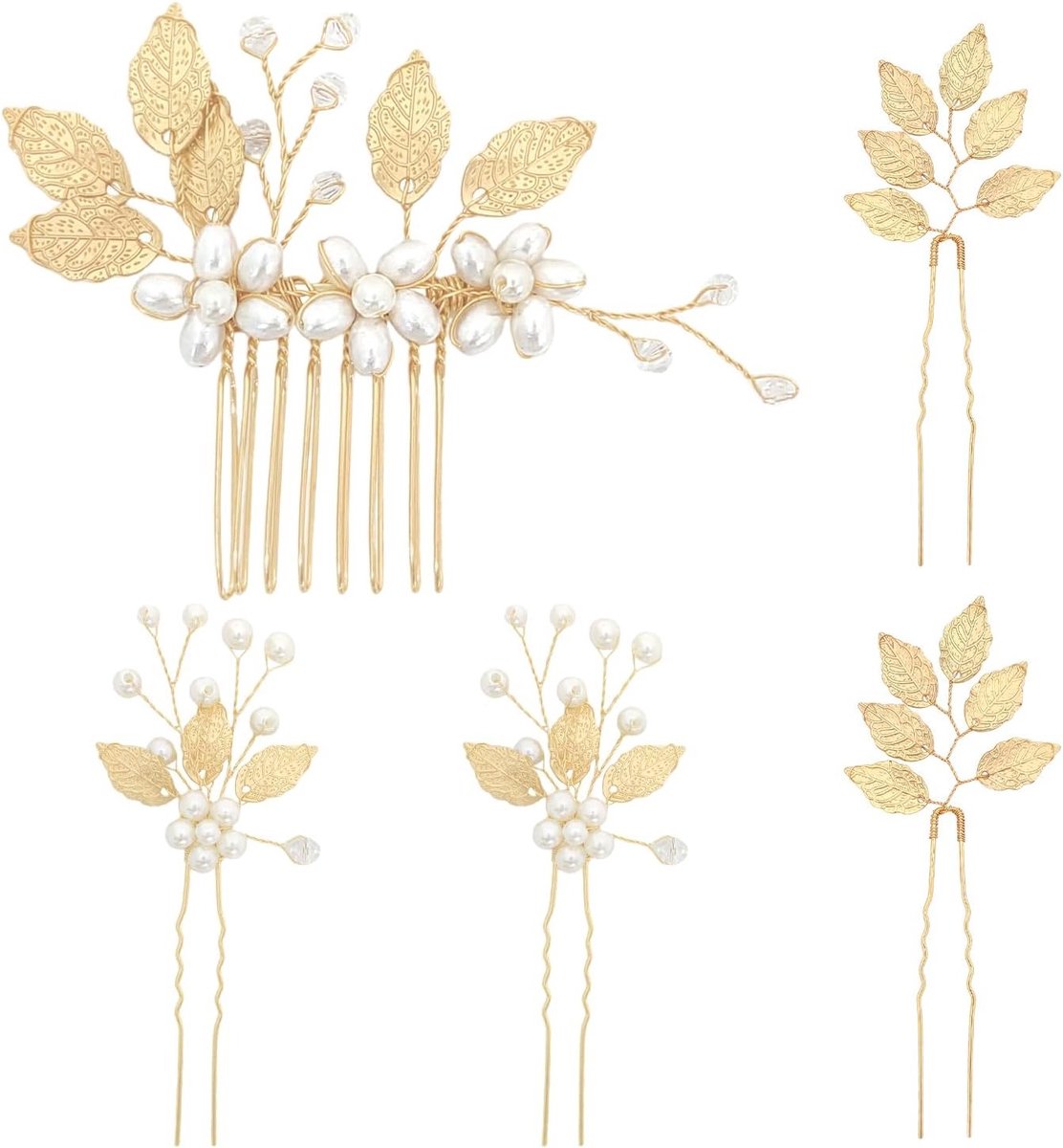 5x Elegante Gouden Haarspelden met Parels voor Bruid en Feesten