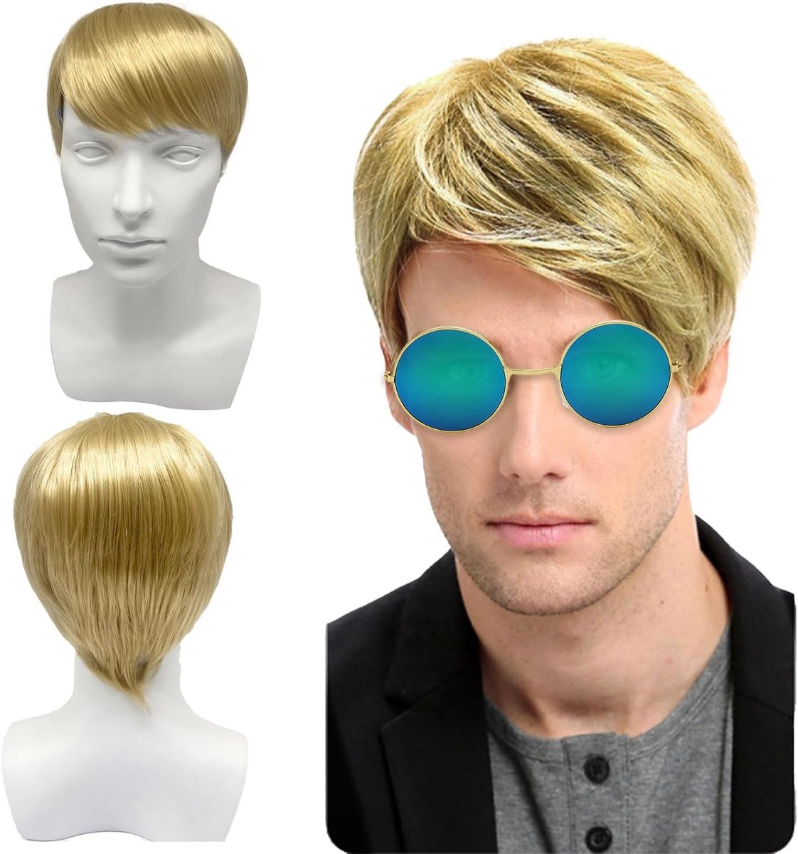 Korte blonde herenpruik, natuurlijke gelaagde synthetische cosplay haarstijl voor volwassenen, perfect voor 60s, 70s en 80s kostuums en feesten