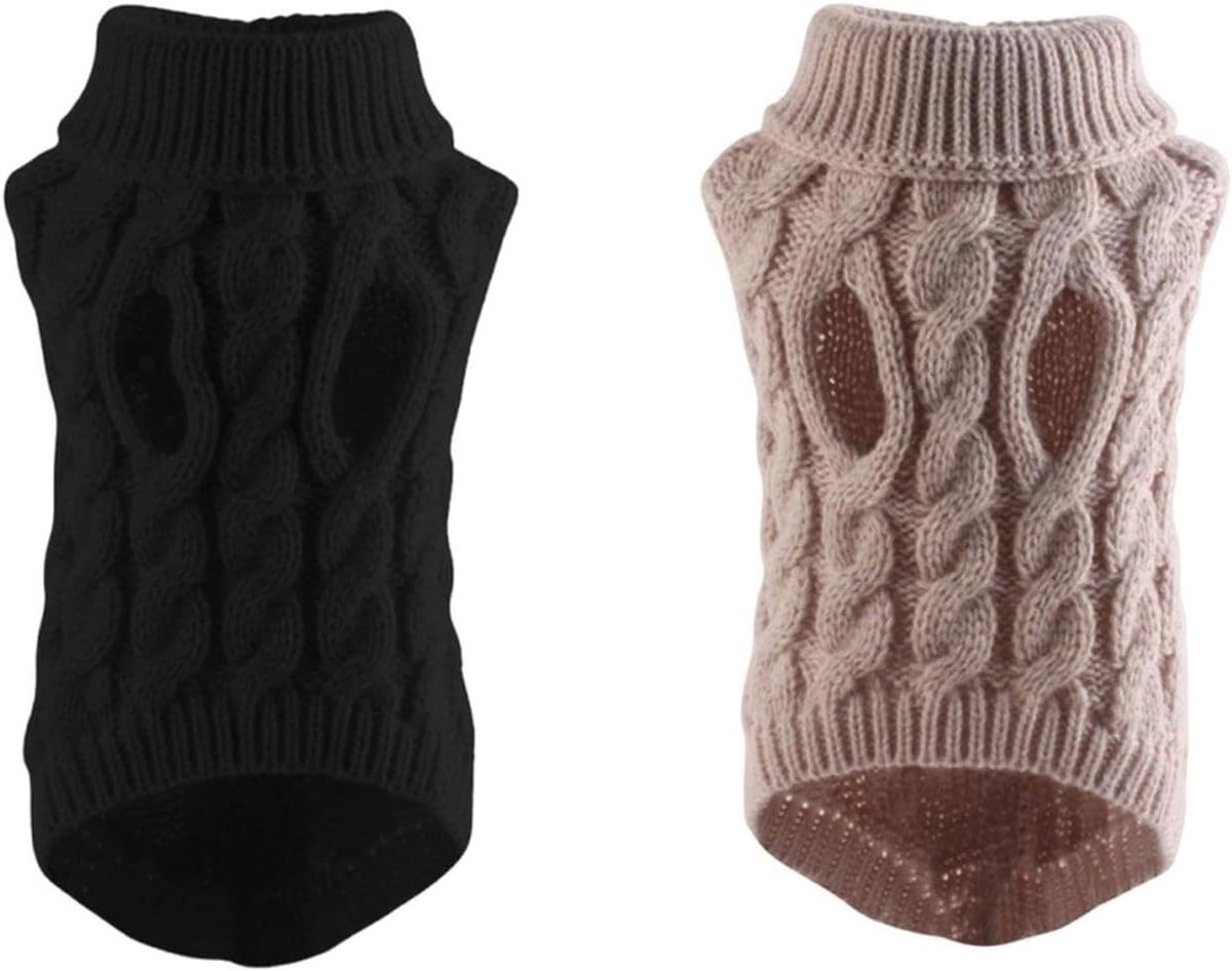 Comfortabele gebreide hondenhalsband truien voor winterse hondenkleding, geschikt voor Jack Russell en teckels (2 stuks, beige+zwart, M)