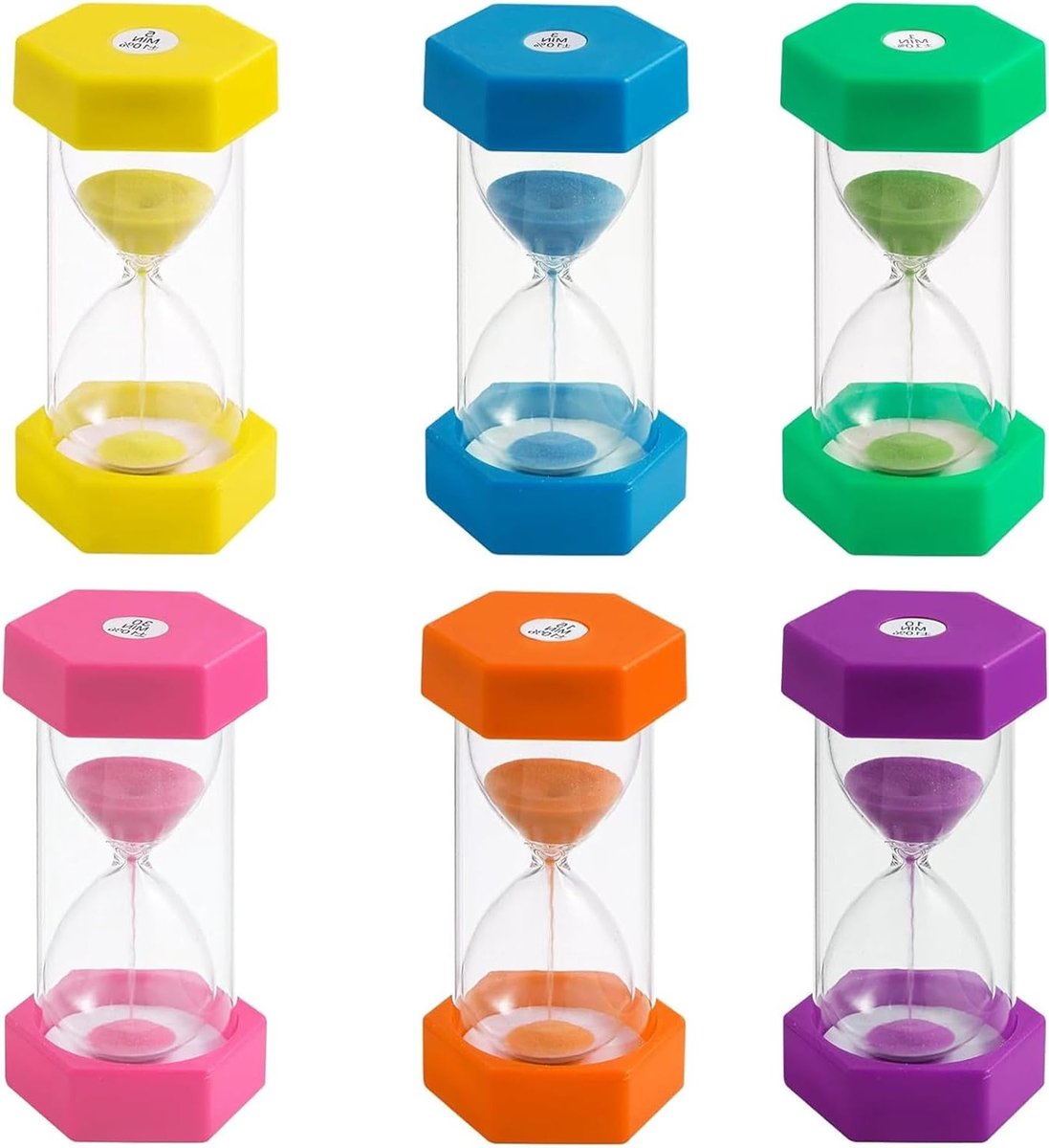 Set van 6 Kleurrijke Zandlopers voor Kinderen en Volwassenen - Timer voor Keuken, Kantoor, Spelletjes en Fitness - 1, 3, 5, 10, 15 en 30 Minuten