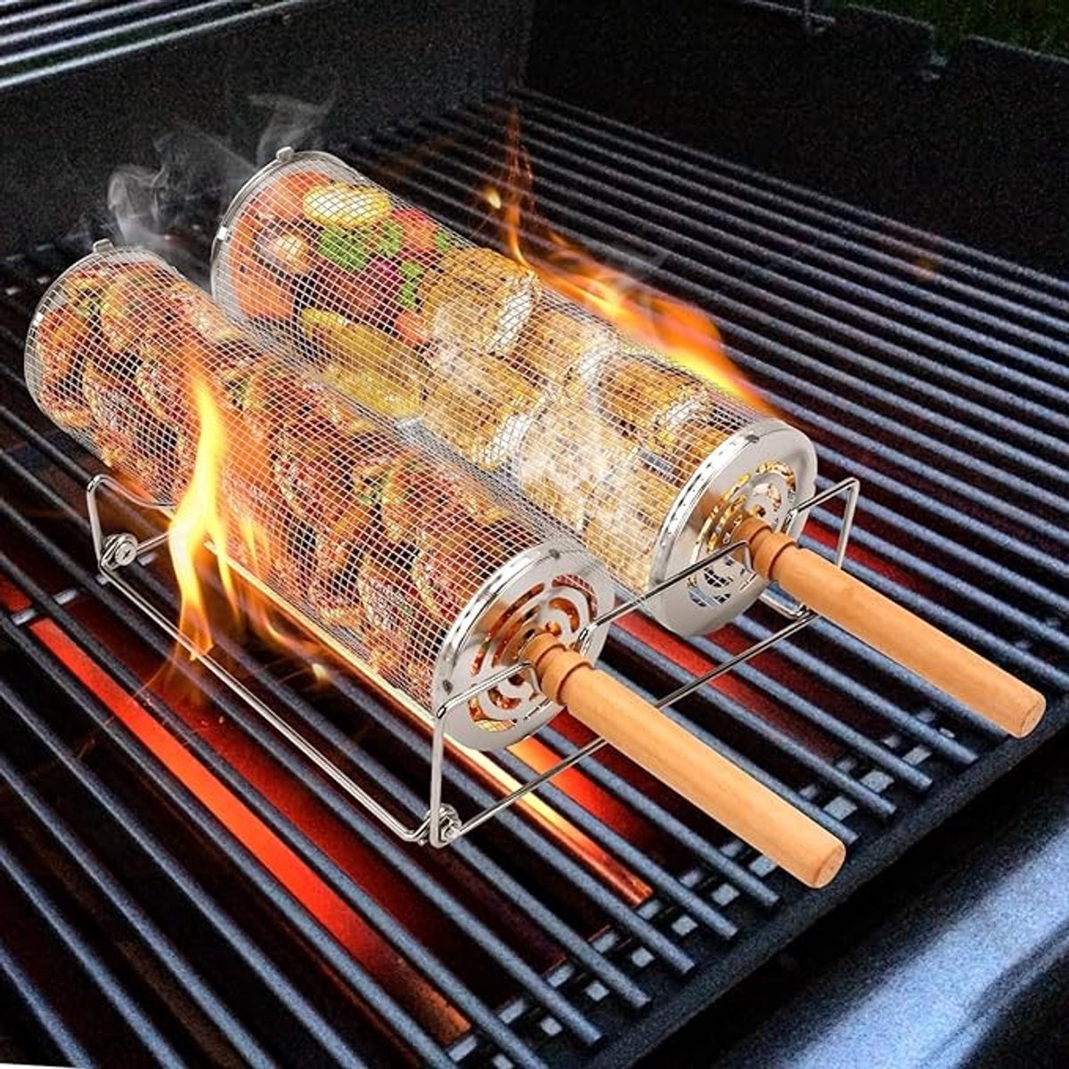 Cilindrische Barbecue Grillmand Set - 2 Stuks - RVS 304 met Houten Handgrepen