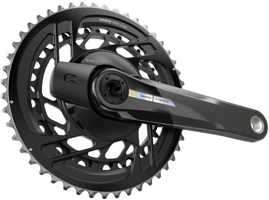 Zwart Sram Force AXS DUB crankstel met vermogensmeter, 175 mm lengte en 48/35t tandwielen.