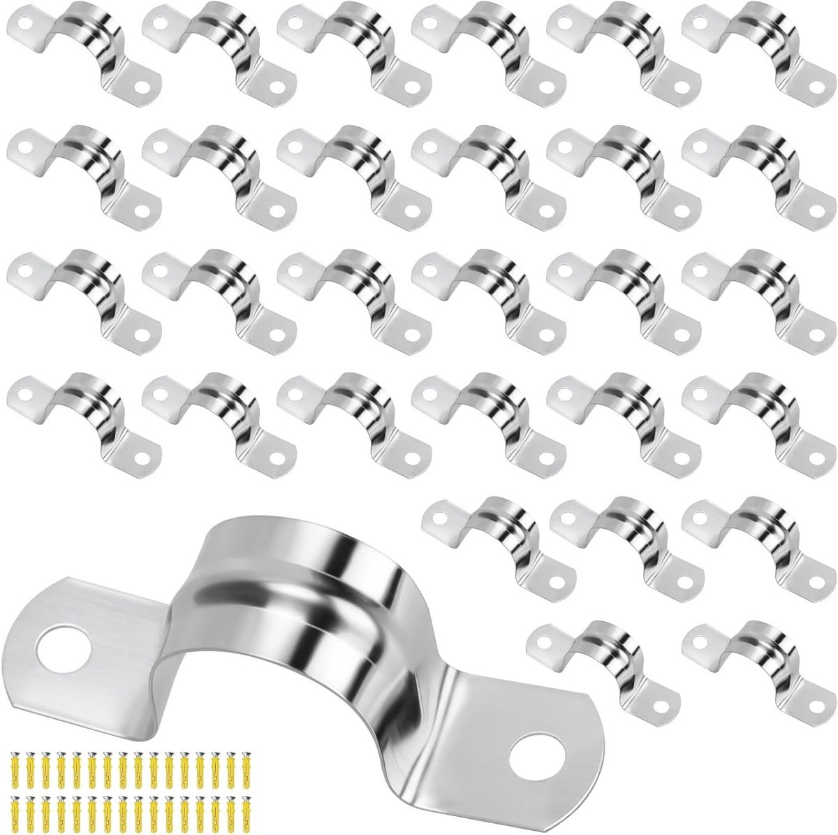 30 U-tube klemmen van roestvrij staal, 21 mm, bevestigingsklem, slangklem, voor buizen en leidingen met 30 schroeven en 30 spreidnagels