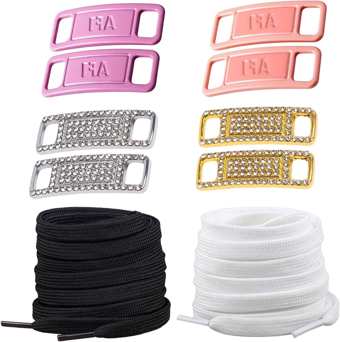 4 Paar Metalen Gespen + 2 Paar Veters (Zwart, Wit) voor Sneakers, Decoratieve Accessoires voor Unisex Schoenen