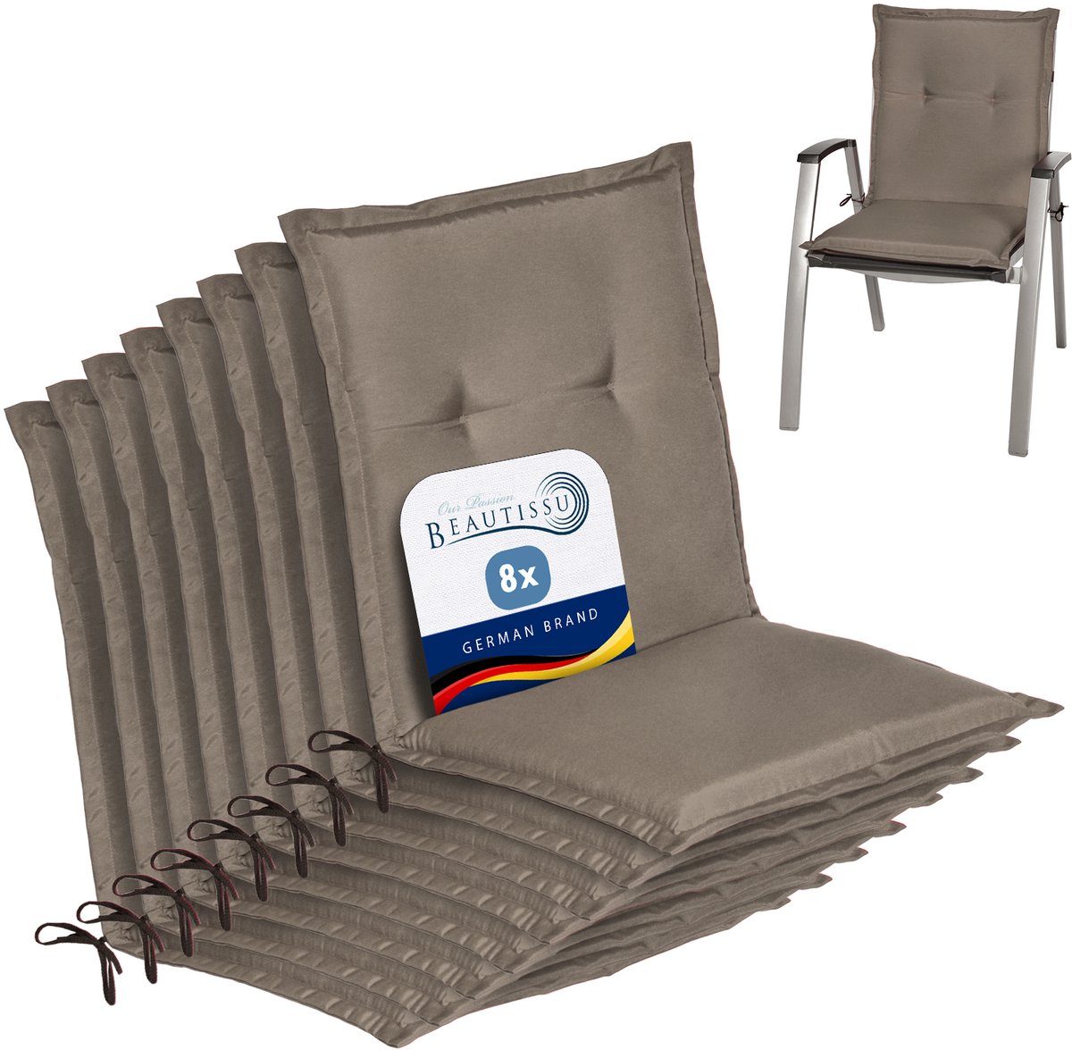 Beautissu Loft NL Stoelkussen Set 8x Lage Rugleuning 100x50 cm Taupe – Tuinstoelkussen UV-bestendig