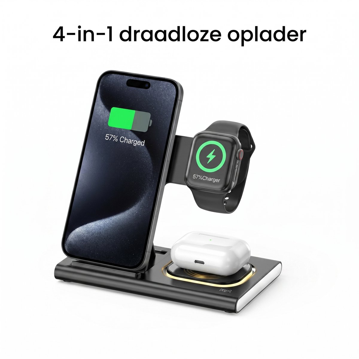 Ryoudavell - 4 in 1 Draadloze Oplader - 15W Iphone Oplader - Snellader iphone - Geschikt voor iphone (8-17) Volledige Serie - AirPods & Apple Watch (iWatch) - Draadloos Oplaadpad - GSM Lader - Draadloos Qi Station - Opvouwbaar Ontwerp - Zwart