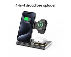 Ryoudavell - 4 in 1 Draadloze Oplader - 15W Iphone Oplader - Snellader iphone - Geschikt voor iphone (8-17) Volledige Serie - AirPods & Apple Watch (iWatch) - Draadloos Oplaadpad - GSM Lader - Draadloos Qi Station - Opvouwbaar Ontwerp - Zwart