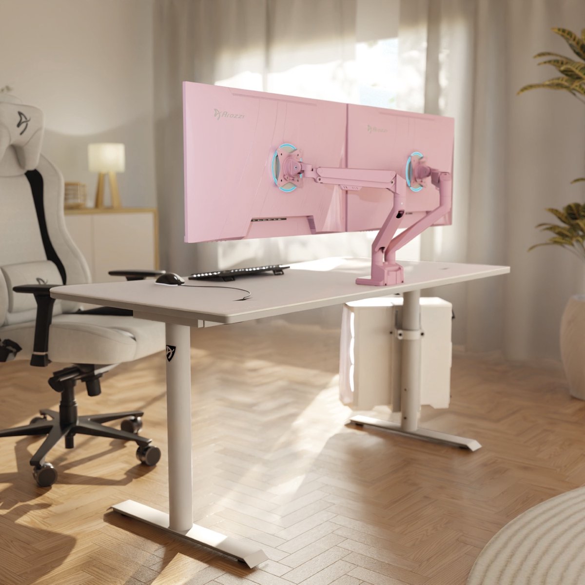 Arozzi Alzare Neo Dubbele Monitor Arm - Gasfeder - Kabelbeheer - 17" tot 34" - Roze thumbnail 6
