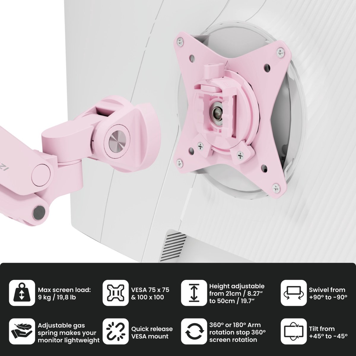 Arozzi Alzare Neo Dubbele Monitor Arm - Gasfeder - Kabelbeheer - 17" tot 34" - Roze thumbnail 5
