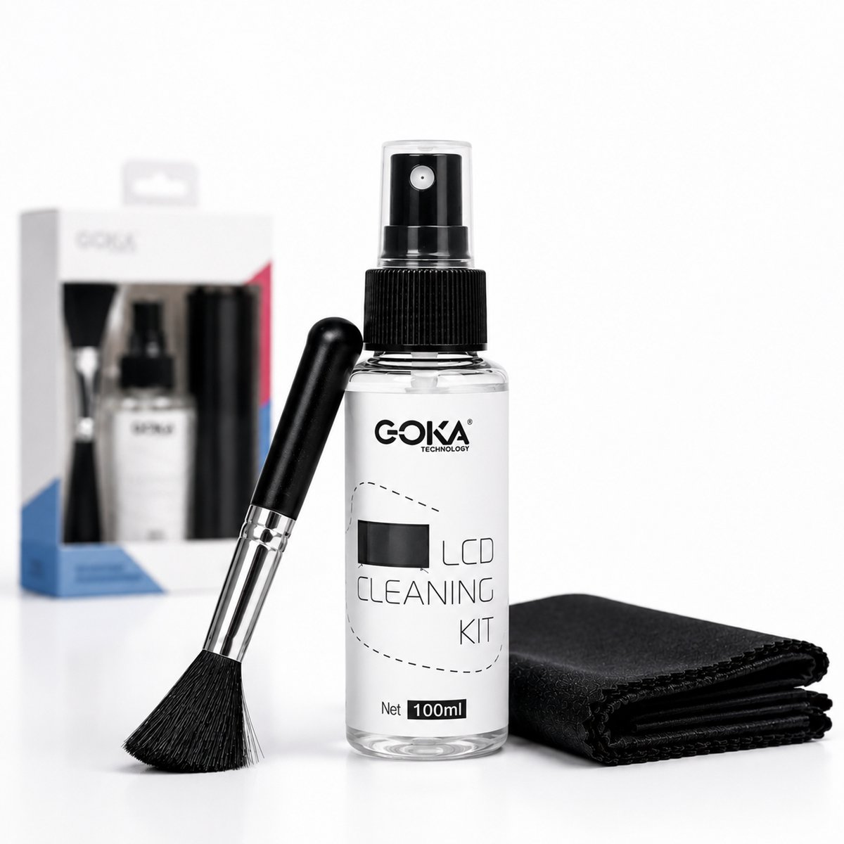 GOKA Screen Cleaner Kit – Schermreiniger voor Laptop, Smartphone & Tablet – Microvezeldoek + Reinigingsspray + Zachte Borstel – Streeploos & Krasvrij