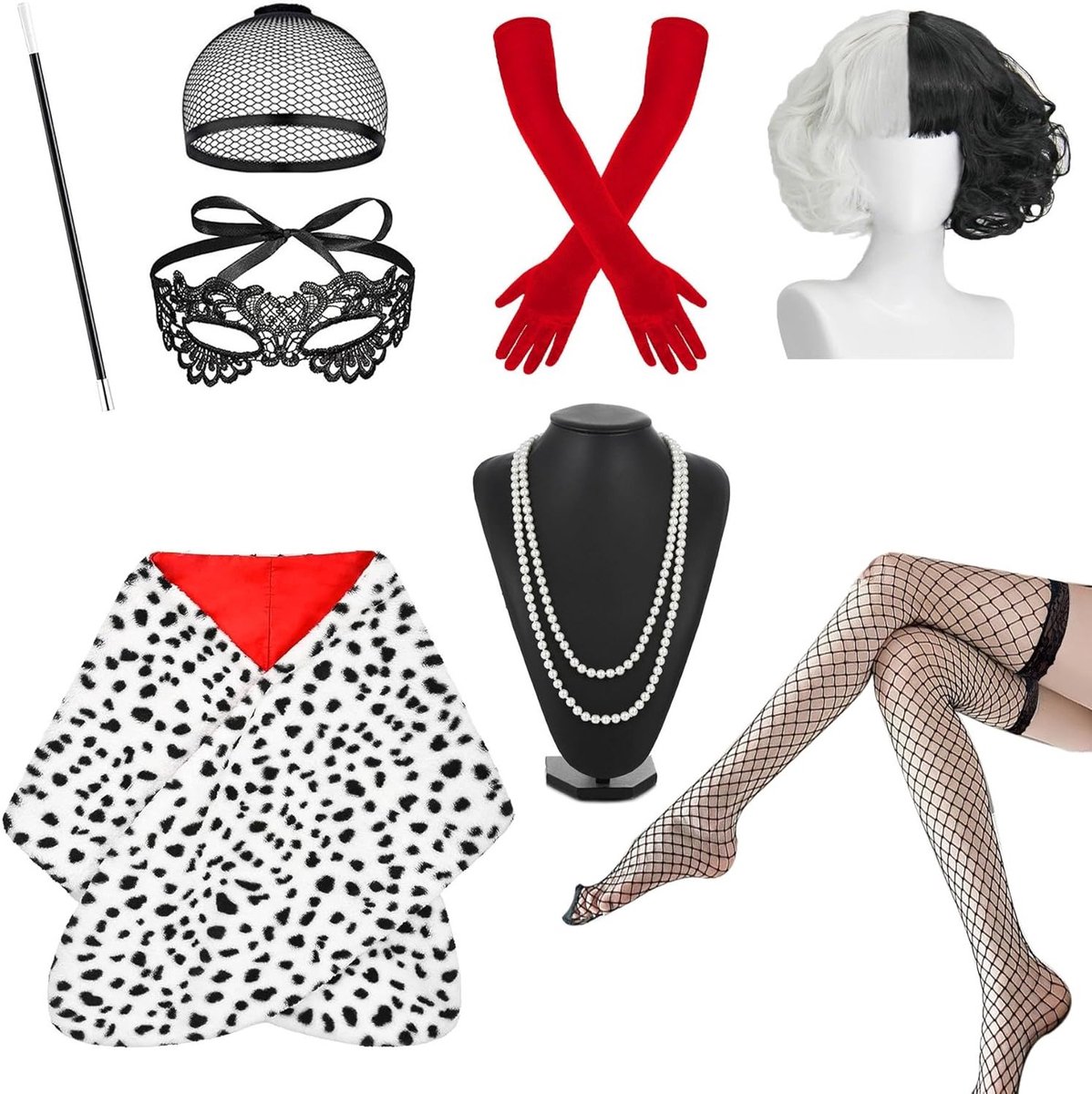 Halloween Kostuum voor Vrouwen met 70s Accessoires, Zwart-Witte Peruk, Kanten Masker, Visnet Kousen, Handschoenen en Ketting Set