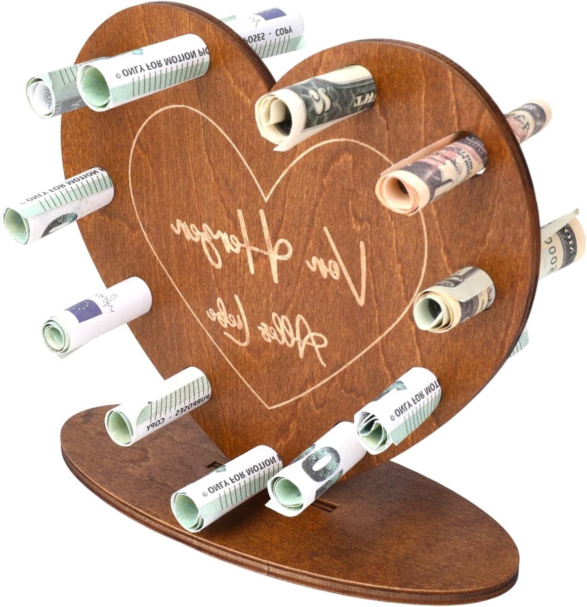 Houten Geldcadeau voor Bruiloft, Aanpasbaar Trouwen Cadeau voor Koppel, 16 cm x 15 cm, Geld Geschenk, Bruiloft Decoratie, Uniek Cadeau voor Verjaardag en Bruiloft
