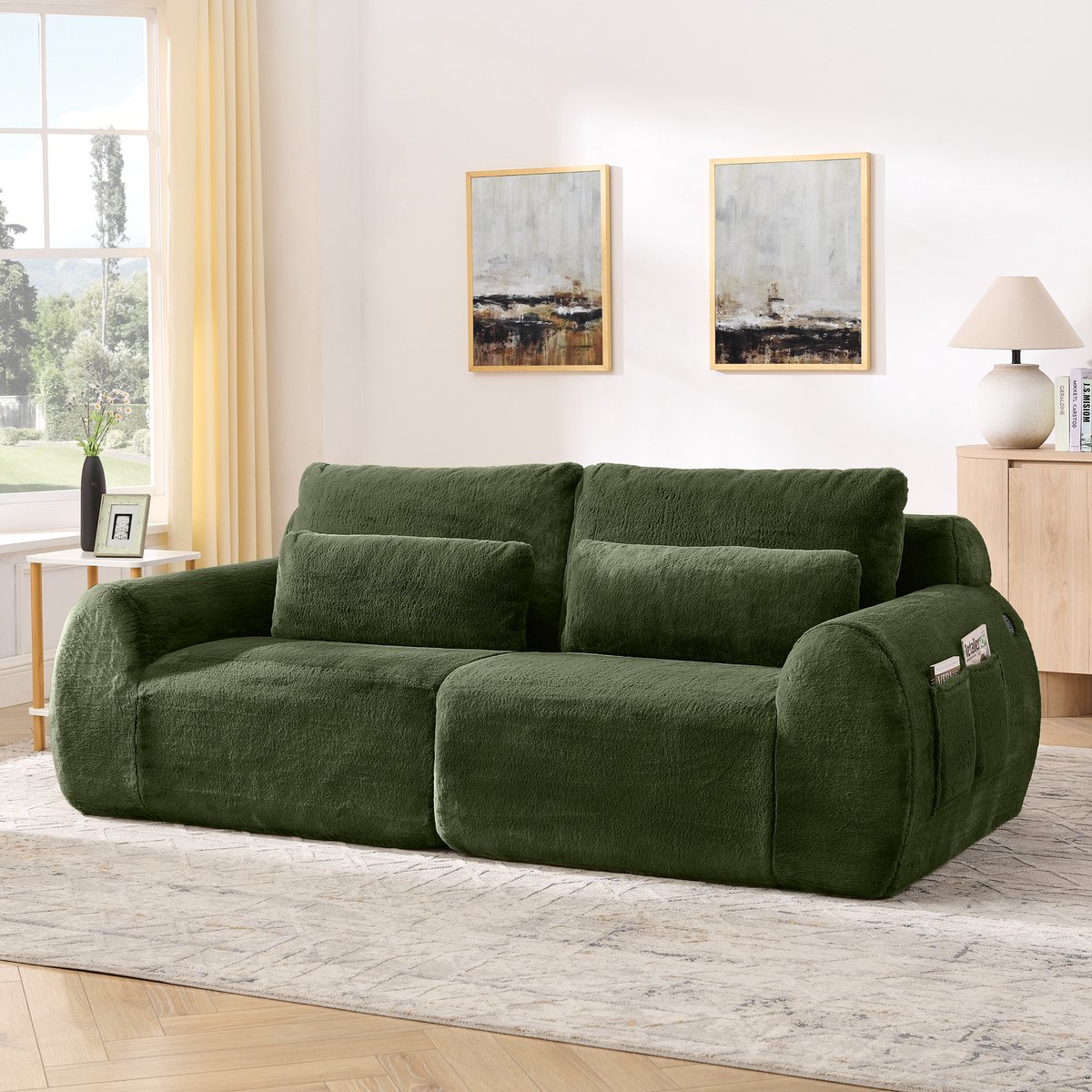 Wishdor 2-Zitsbank - Met USB-Oplaadpoort En Zijvak - Modern - Voor Woonkamer - Zachte Stof Met Veerkrachtige Schuimvulling - Groen Groente