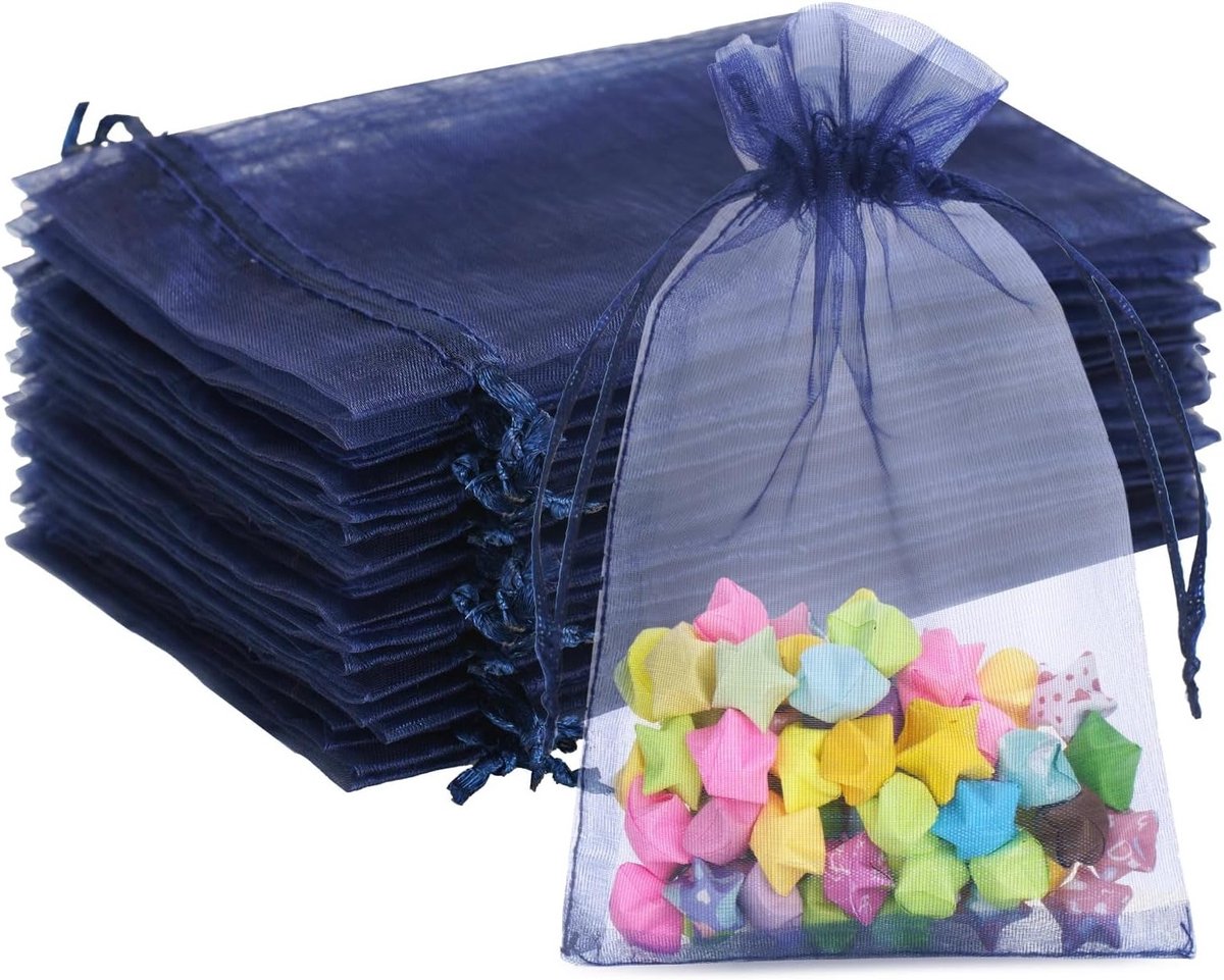 Navy Blue Organza Tassen, 10 x 15 cm, Transparante Cadeautassen met Trekkoord, 50 Stuks, Perfect voor Sieraden, Trouwen en Vullingen