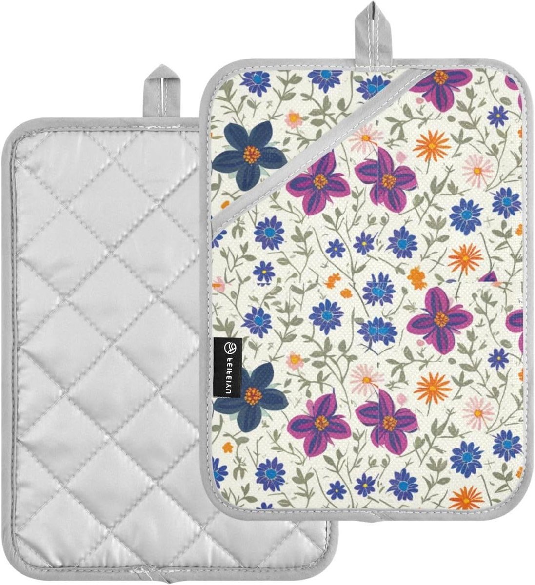Pannenlappenset Keuken - Ovenwanten Hittebestendig - Keukengebruik - Met Handige Zakken - 2 Stuks - Beige Bloemen
