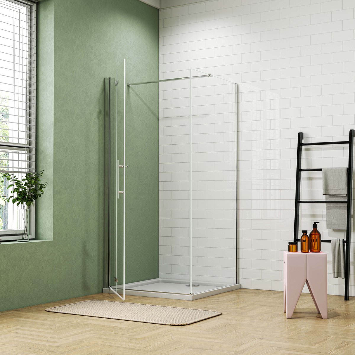 Aica Douchecabine 120x80x195cm met inklapbare vouwdeur en vaste zijwand 6mm helder EasyClean veiligheidsglas glanzend chroom profiel N-vorm 140cm Stabilisatiestang incl. douchebak