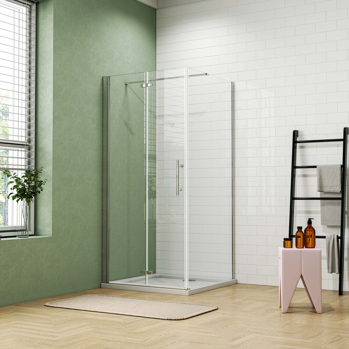Aica Douchecabine 80x70x195cm met inklapbare vouwdeur en vaste zijwand 6mm helder EasyClean veiligheidsglas glanzend chroom profiel N-vorm 90cm Stabilisatiestang incl. douchebak
