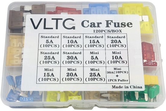 VLTG auto steekzekeringen assortiment, 120 stuks, standaard en mini, met labels.