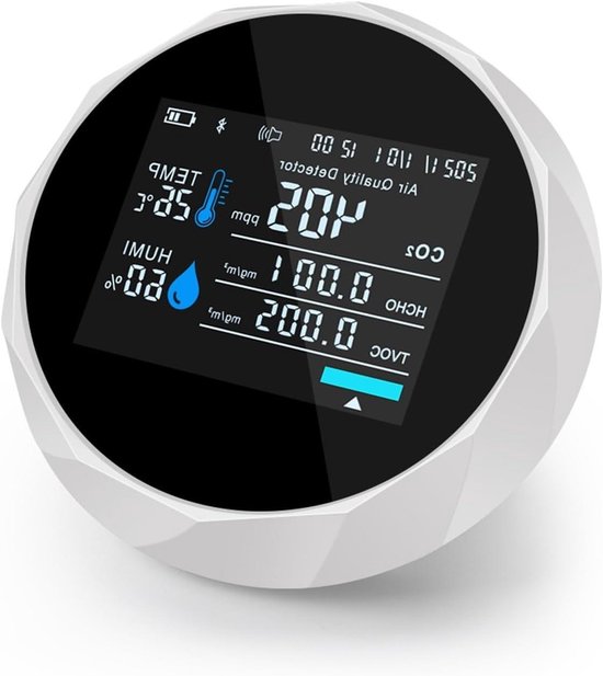 Luchtkwaliteit Monitor - HCHO TVOC Meter - Binnenmilieu Controleren - 5-in-1 Multifunctioneel - 1500mA Batterij - Wit